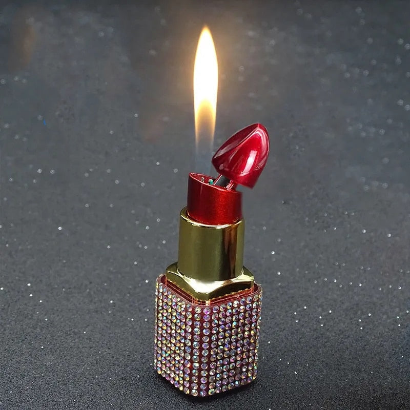 New Diamond Lipstick Lighter Butane Gas Inflatable Women's Pink Water Diamond Portable Lighter High end Creative Women's Gift