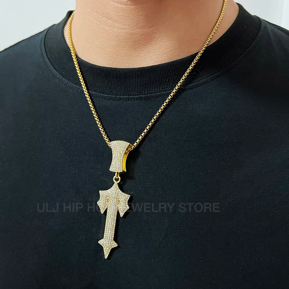 Iced Out Cross Sword Necklaces with 12mm Cuban Chain Pendant