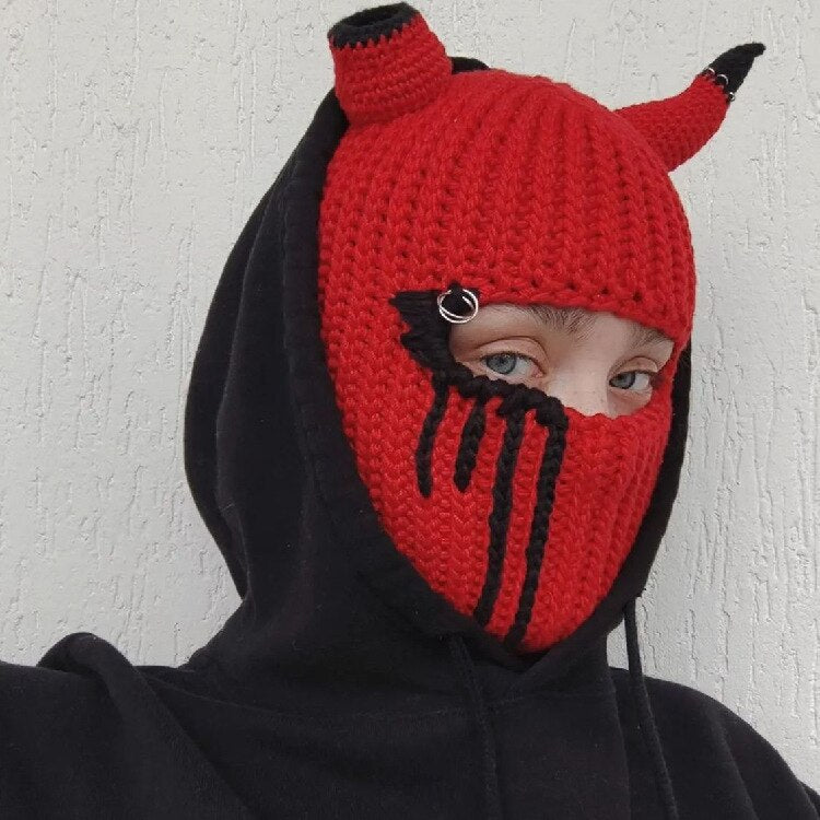 Halloween Balaclava Devil Horn Hat Warm Cowhorn Hat Full Face Cover Ski Mask Hat Windproof  Hat For Outdoor Sport