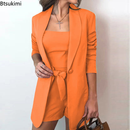 Women Blazer Sets for Office Formal Ladies OL Shorts Top Sets Solid Top Blazer Coat Shorts Sets Elegant 3 Piece Sets Female