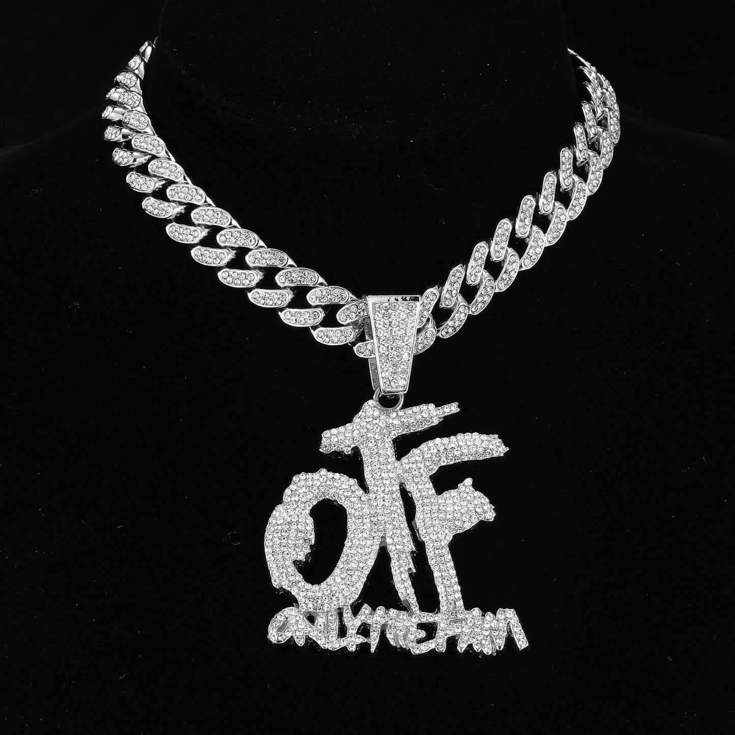 Iced Out OTF Letter Pendant Cuban Necklace Shiny Rhinestone Zircon Necklace