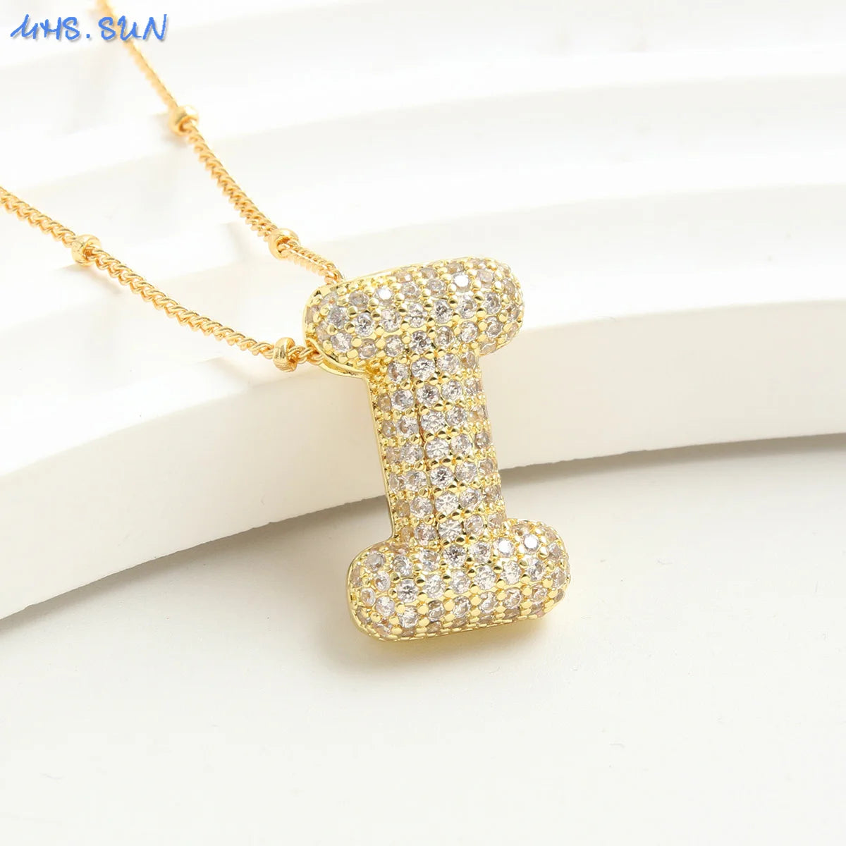 Cubic Zircon A-Z 26 Bubble Letter Necklace 2 Sizes Gold Plated M Chunky Balloon Initials Pendant