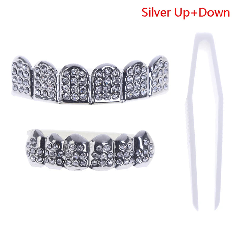 1pcs/1set Fshion Gold/silver Teeth Top Bottom Men Women Diamond Jewelry Stylish And Luxury Gift