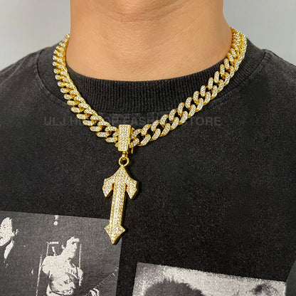 Iced Out Cross Sword Necklaces with 12mm Cuban Chain Pendant