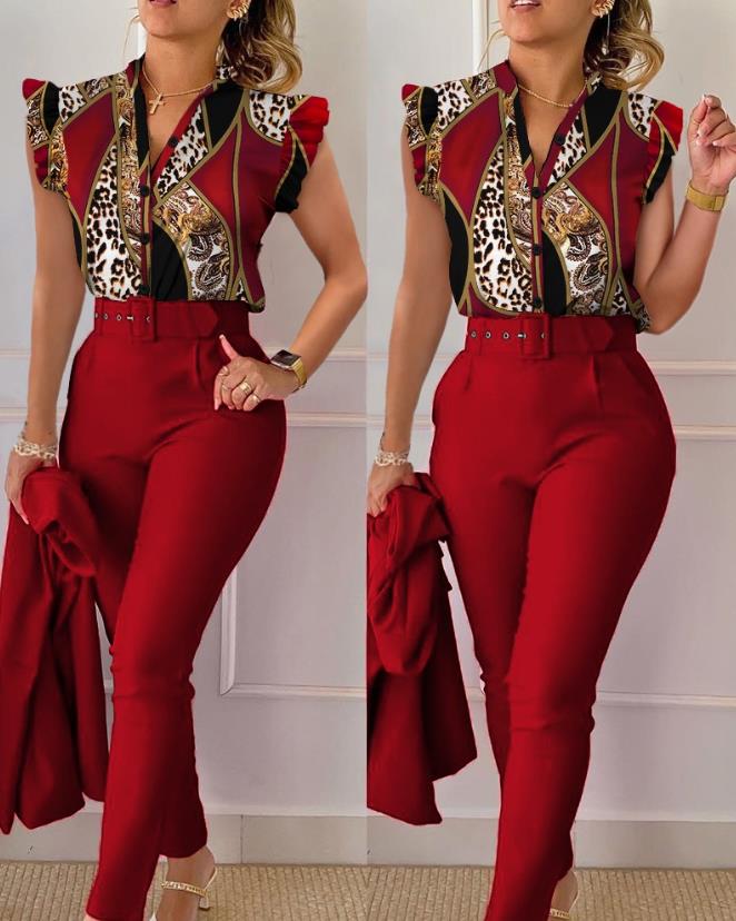 Womens Two Piece Sets Outfit Geometric Print Flutter Sleeve Top &amp; Pants Set with Belt New Fashion 2023 Summer Suit