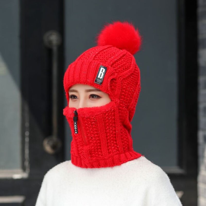 Winter One-piece Cap with Velvet Head Earmuffs Cycling Woolen Yarn Zipper Bib Warm Hat