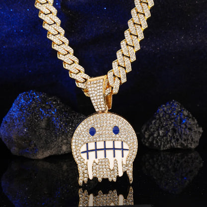 White Blue Cubic Zirconia Paved Round Face Pendants Necklaces with Cuban Chain Iced Out Bling CZ