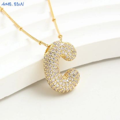 Cubic Zircon A-Z 26 Bubble Letter Necklace 2 Sizes Gold Plated M Chunky Balloon Initials Pendant