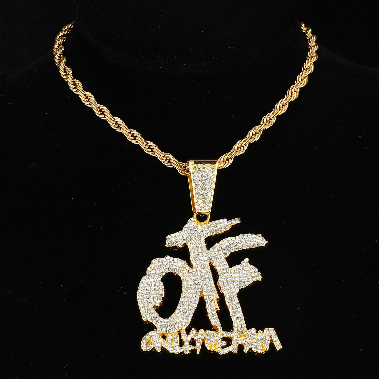 Iced Out OTF Letter Pendant Cuban Necklace Shiny Rhinestone Zircon Necklace