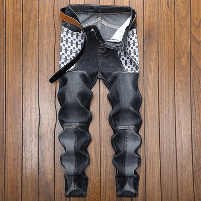 New Men jeans Fashion Trend Spliced Plaid Black Pants Slim Stretch Hip Hop Pants Spring Summer Brand Trousers