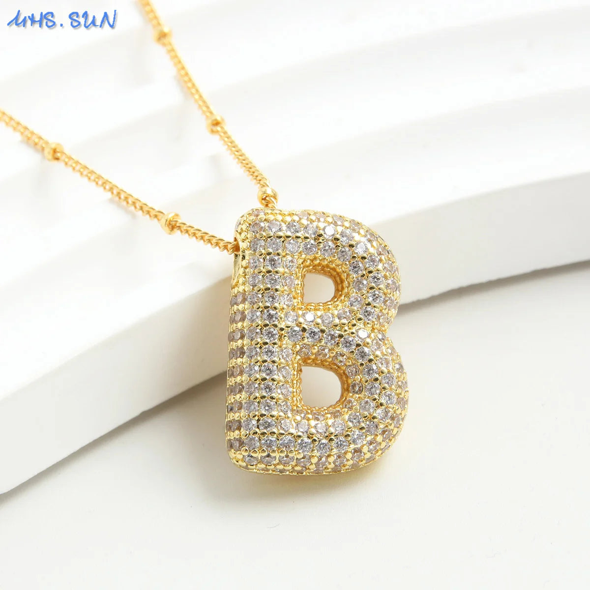 Cubic Zircon A-Z 26 Bubble Letter Necklace 2 Sizes Gold Plated M Chunky Balloon Initials Pendant