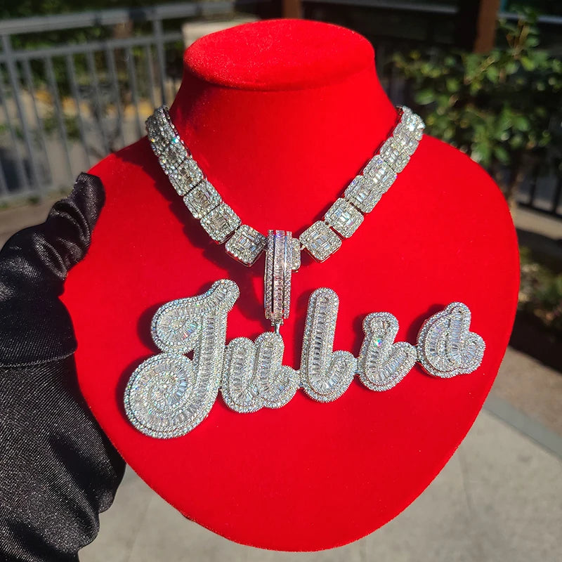 Custom Big Brush Cursive Iced Out Name Pendant  Bubble Letters Word Necklace With Rhinestone Baguettes