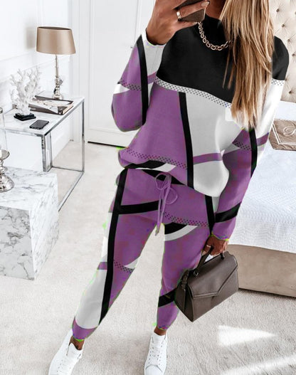 Two Piece Sets Women's Outfits Casual Geometric Print Long Sleeve O-neck Top Pullover & Fashion Drawstring Pants Set Streetwear