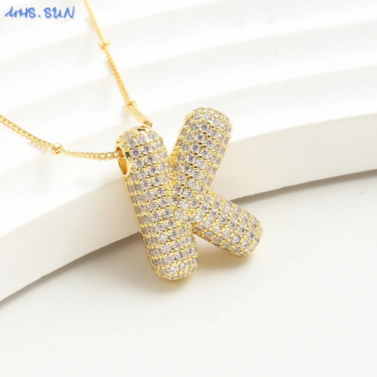 Cubic Zircon A-Z 26 Bubble Letter Necklace 2 Sizes Gold Plated M Chunky Balloon Initials Pendant