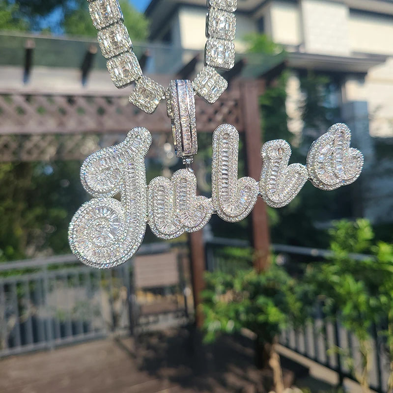 Custom Big Brush Cursive Iced Out Name Pendant  Bubble Letters Word Necklace With Rhinestone Baguettes