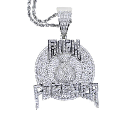 Bling Cz Letter Iced Out Prong Setting Rich Forever Pendant Necklace for Men Gold Color Hip Hop Jewelry