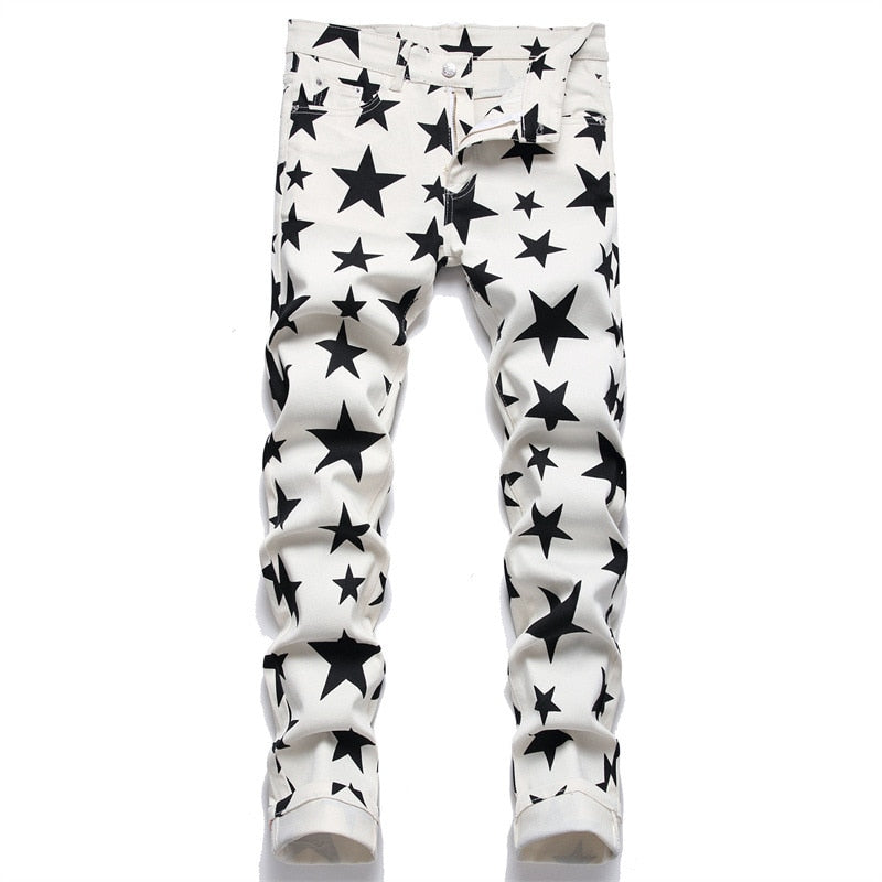 New European 5-pointed Star Digital Printed Jeans Men Slim Body Flower Trousers Fashion Stretch Pencil Pants Casual Cllothing