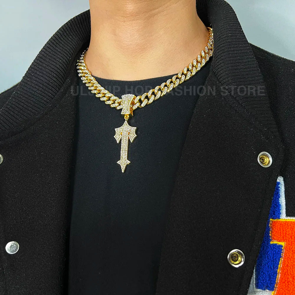 Iced Out Cross Sword Necklaces with 12mm Cuban Chain Pendant