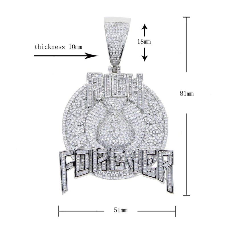 Bling Cz Letter Iced Out Prong Setting Rich Forever Pendant Necklace for Men Gold Color Hip Hop Jewelry