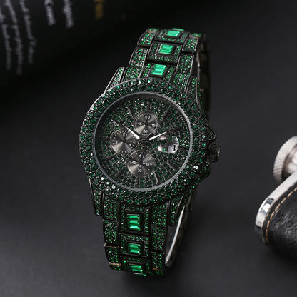 Green Diamond Watch For Men Luxury Hip Hop Diamond Watches Unique Bling Ice Out Luminous Waterproof