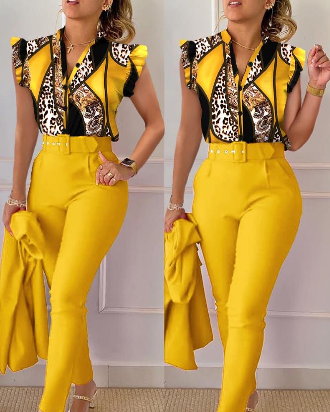 Womens Two Piece Sets Outfit Geometric Print Flutter Sleeve Top &amp; Pants Set with Belt New Fashion 2023 Summer Suit