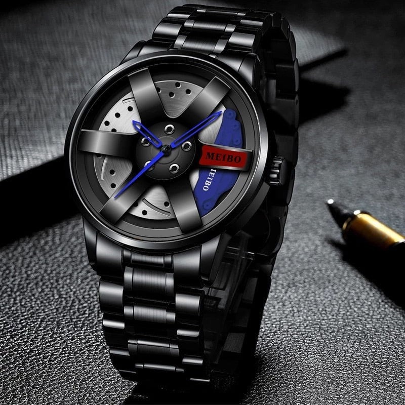 Fashion Mens Car Wheel Watches Luxury Stainless Steel Waterproof Watch for Men Quartz Wrist Watches Male Clock