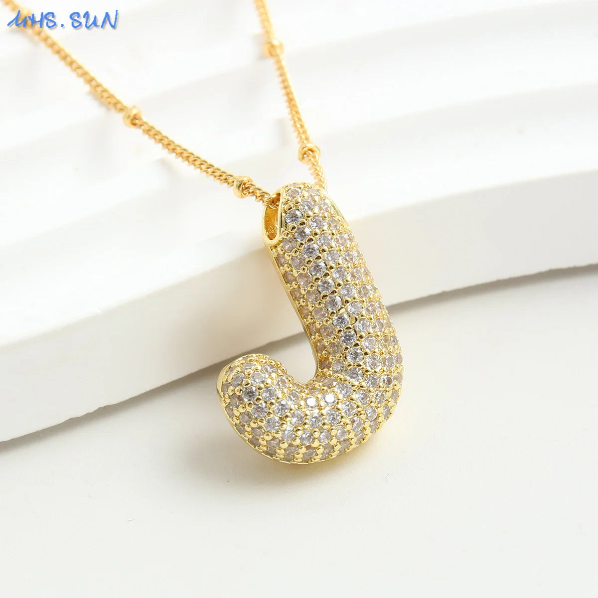 Cubic Zircon A-Z 26 Bubble Letter Necklace 2 Sizes Gold Plated M Chunky Balloon Initials Pendant