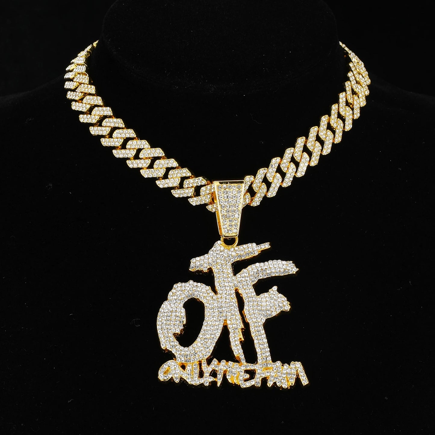 Iced Out OTF Letter Pendant Cuban Necklace Shiny Rhinestone Zircon Necklace