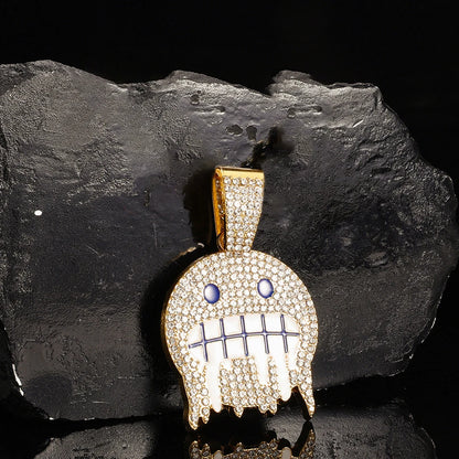 White Blue Cubic Zirconia Paved Round Face Pendants Necklaces with Cuban Chain Iced Out Bling CZ