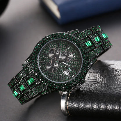 Green Diamond Watch For Men Luxury Hip Hop Diamond Watches Unique Bling Ice Out Luminous Waterproof