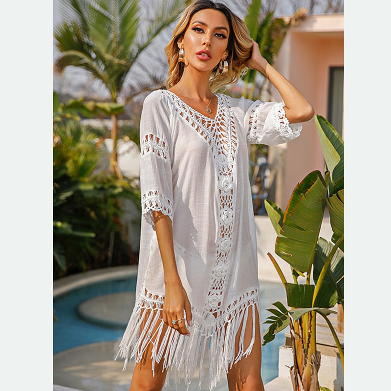 Tassel Beach Outfits Cover-ups for Swimwear Women Backless Sexy Crochet Dress Summer Beachwear Outing Hollow Clothing