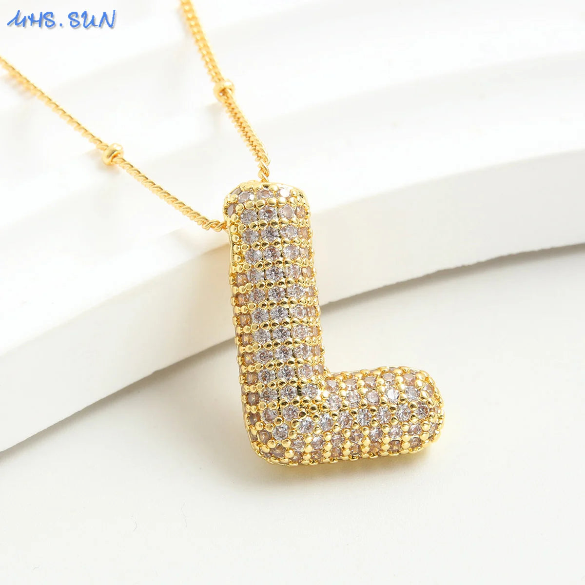 Cubic Zircon A-Z 26 Bubble Letter Necklace 2 Sizes Gold Plated M Chunky Balloon Initials Pendant