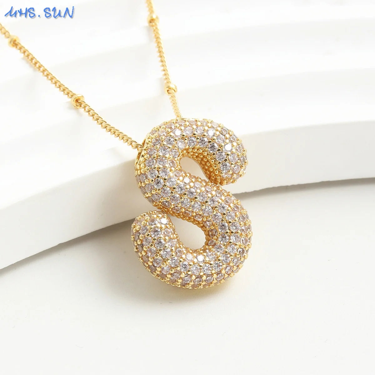 Cubic Zircon A-Z 26 Bubble Letter Necklace 2 Sizes Gold Plated M Chunky Balloon Initials Pendant