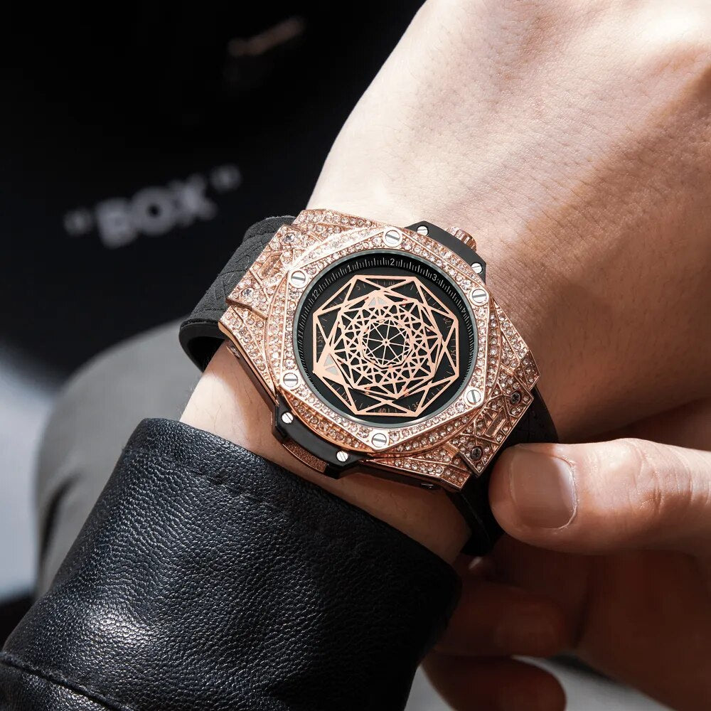 Watch For Men Fashion Big Dial Unique Watches Luxury Diamond Ice Out Waterproof 2023