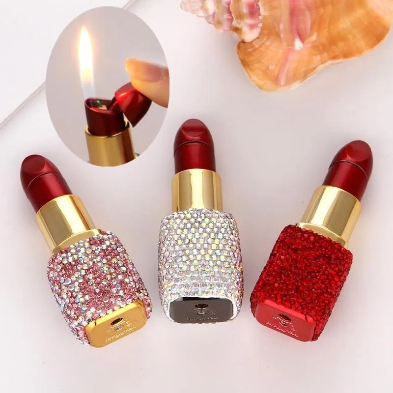 New Diamond Lipstick Lighter Butane Gas Inflatable Women's Pink Water Diamond Portable Lighter High end Creative Women's Gift