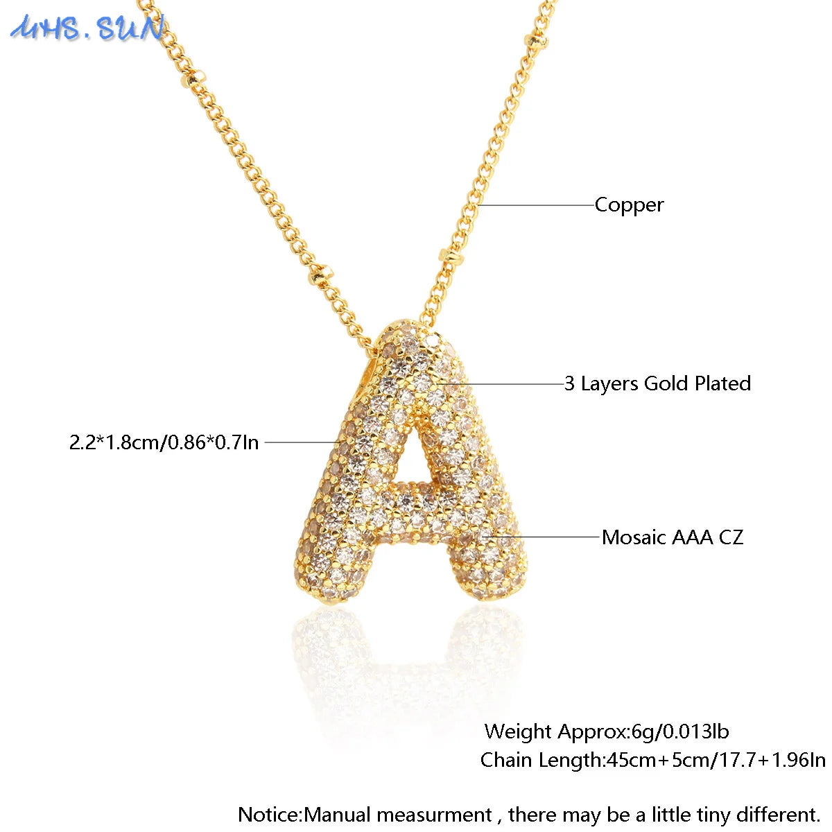 Cubic Zircon A-Z 26 Bubble Letter Necklace 2 Sizes Gold Plated M Chunky Balloon Initials Pendant