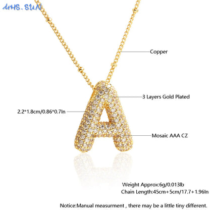 Cubic Zircon A-Z 26 Bubble Letter Necklace 2 Sizes Gold Plated M Chunky Balloon Initials Pendant