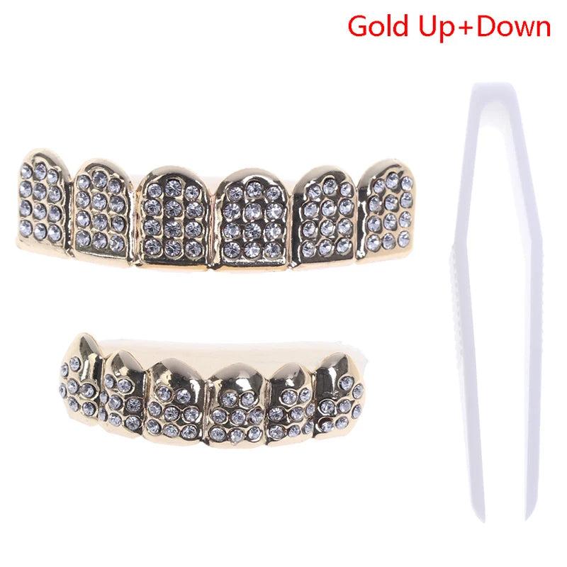 1pcs/1set Fshion Gold/silver Teeth Top Bottom Men Women Diamond Jewelry Stylish And Luxury Gift