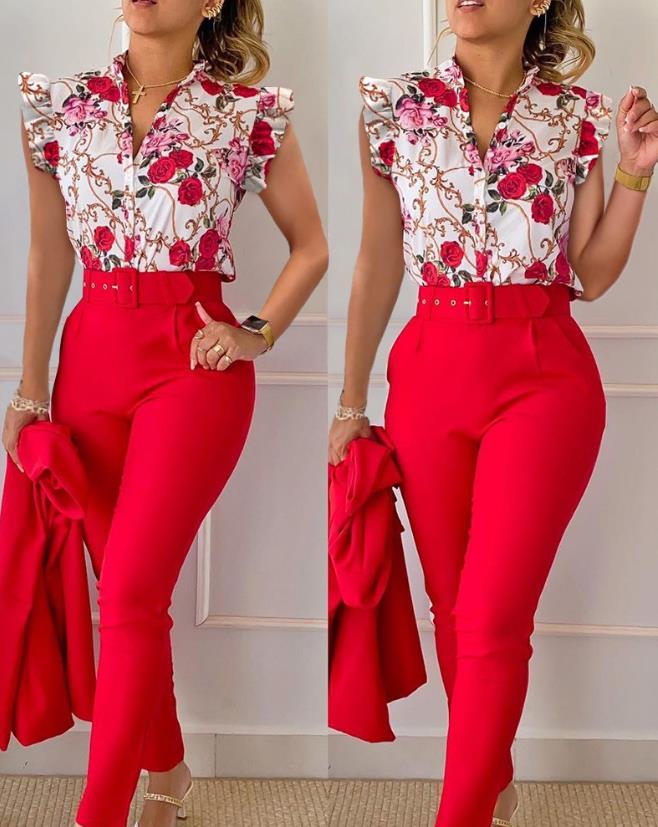 Womens Two Piece Sets Outfit Geometric Print Flutter Sleeve Top &amp; Pants Set with Belt New Fashion 2023 Summer Suit