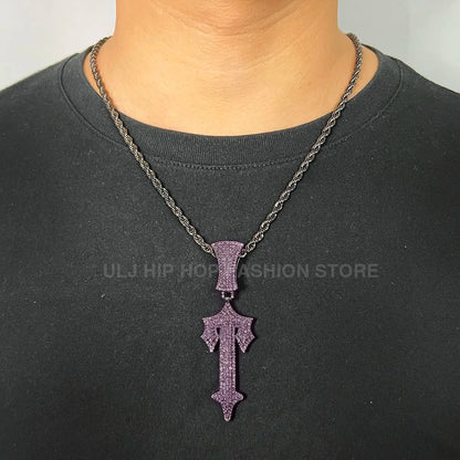 Iced Out Cross Sword Necklaces with 12mm Cuban Chain Pendant