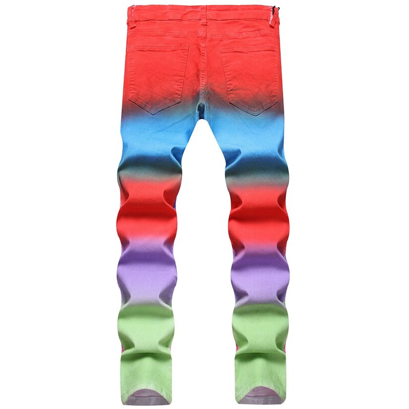 Summer New Colorful Match Color Jeans Men Mid-Waist Elastic Slim Pants Street Personality Fashion Casual Clothing