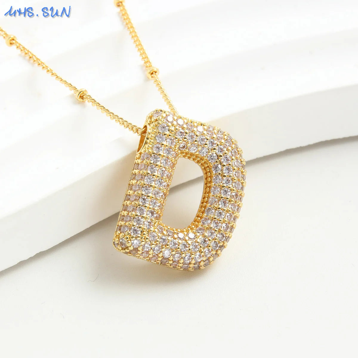 Cubic Zircon A-Z 26 Bubble Letter Necklace 2 Sizes Gold Plated M Chunky Balloon Initials Pendant