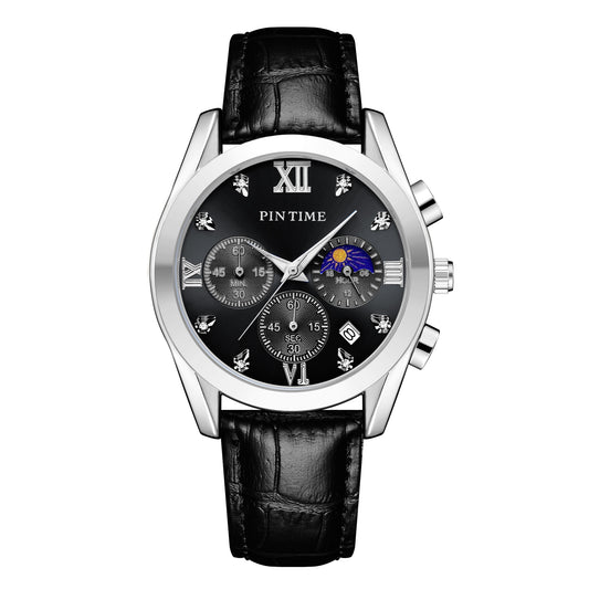 Men Casual Dress Black Watch Stainless Steel Moon Phase Dial Work Chrono Function Stopwatch Leather Luminous Waterproof