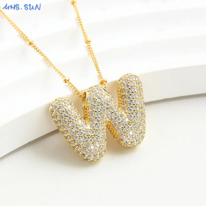 Cubic Zircon A-Z 26 Bubble Letter Necklace 2 Sizes Gold Plated M Chunky Balloon Initials Pendant