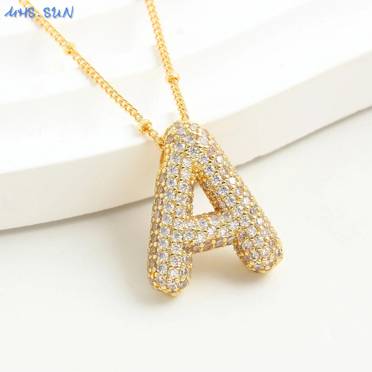 Cubic Zircon A-Z 26 Bubble Letter Necklace 2 Sizes Gold Plated M Chunky Balloon Initials Pendant