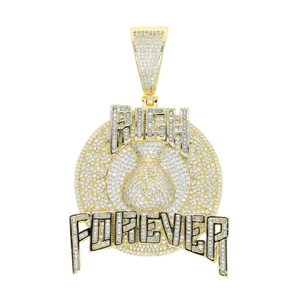 Bling Cz Letter Iced Out Prong Setting Rich Forever Pendant Necklace for Men Gold Color Hip Hop Jewelry