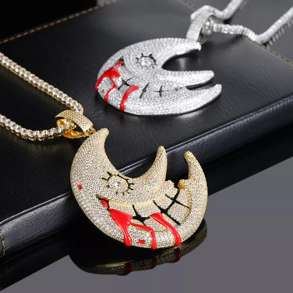 Fashion Men Hip Hop Moon Pendant Necklace Crystal Cuban Chain Hip Hop Iced Out Bling Necklaces Fashion Charm Jewelry