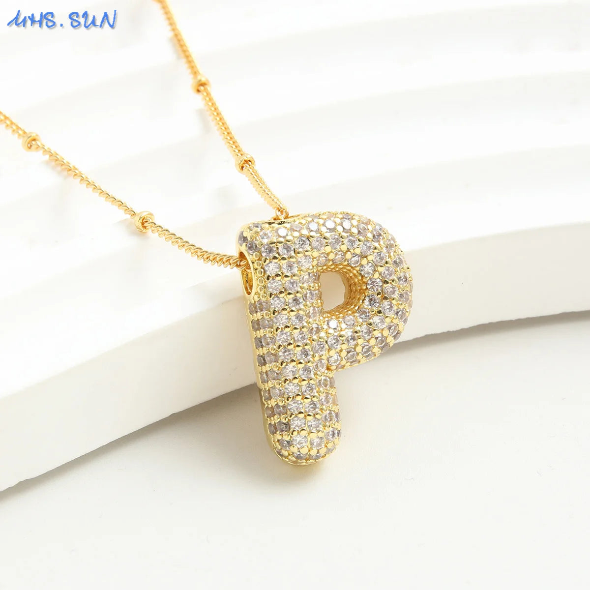 Cubic Zircon A-Z 26 Bubble Letter Necklace 2 Sizes Gold Plated M Chunky Balloon Initials Pendant