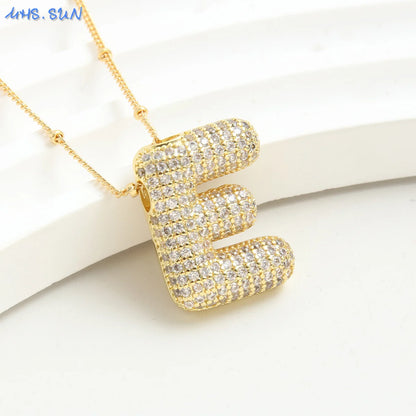 Cubic Zircon A-Z 26 Bubble Letter Necklace 2 Sizes Gold Plated M Chunky Balloon Initials Pendant