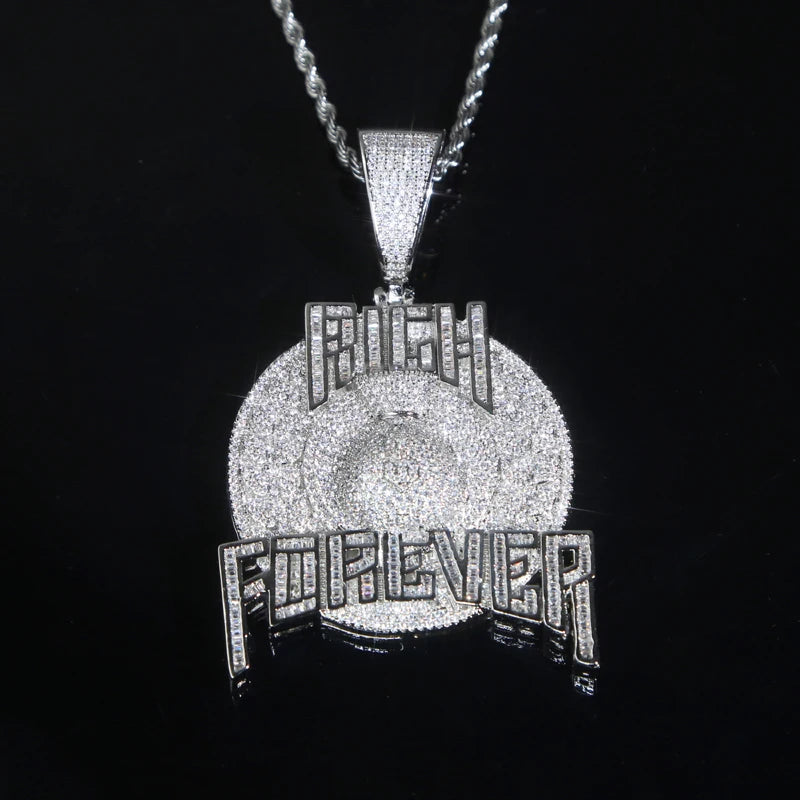 Bling Cz Letter Iced Out Prong Setting Rich Forever Pendant Necklace for Men Gold Color Hip Hop Jewelry